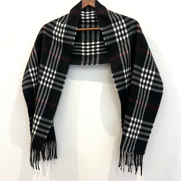 Lambswool Scarf Wool Made In Italy Fringe Black White Red Plaid Classic - Picture 1 of 10